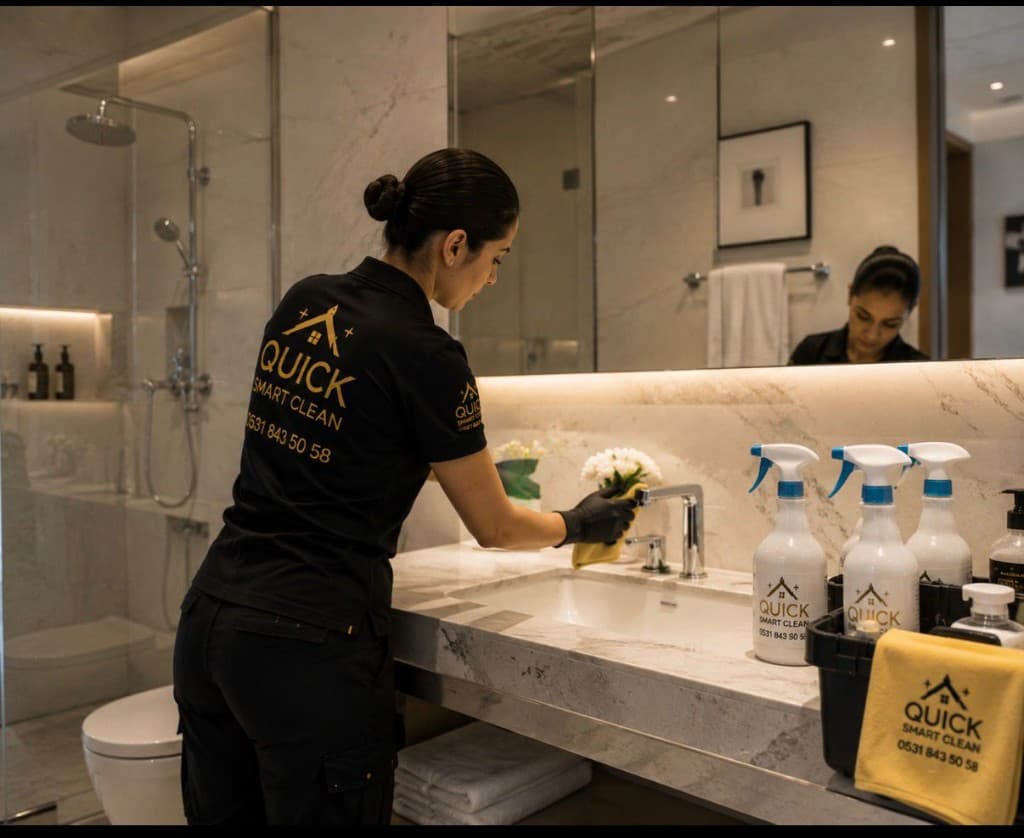Quick Smart Clean ekibi lüks banyoda detaylı ıslak alan temizliği yapıyor