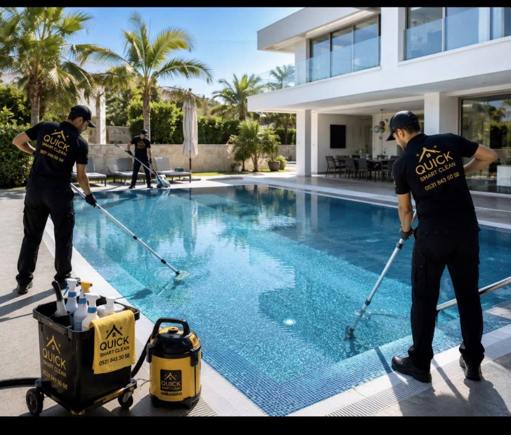 Quick Smart Clean ekibi villa havuz çevresinde temizlik operasyonu yürütüyor