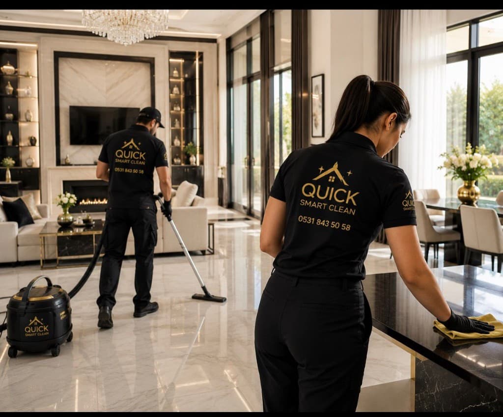 Quick Smart Clean ekibi villa iç mekânında detaylı temizlik yapıyor